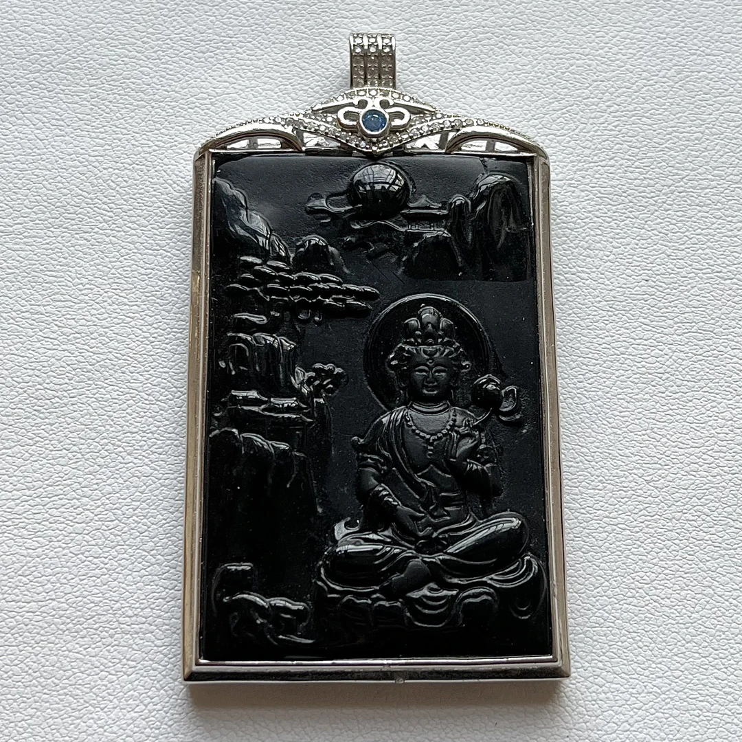 天然A货翡翠S925银墨翠山水观音吊坠