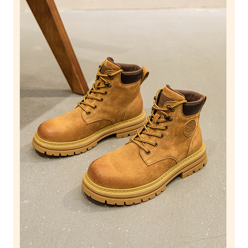 万达撤柜头层猪皮内增高马丁靴情侣款2025大黄靴机车户外工装短靴