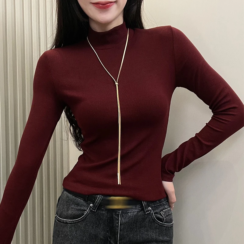 螺纹半高领打底衫女内搭气质长袖秋冬季韩版显瘦百搭洋气修身上衣