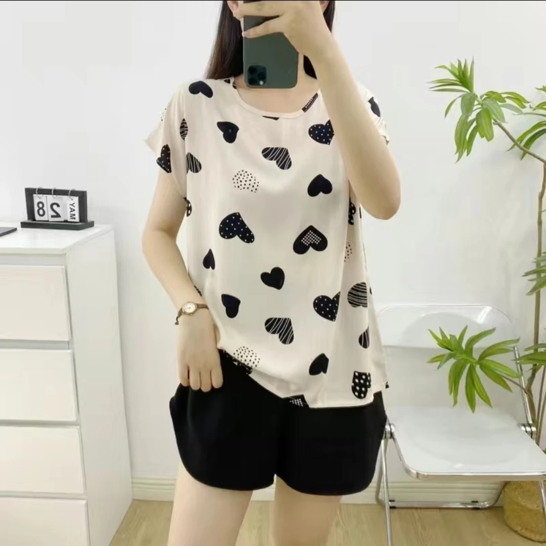 棉绸女短袖T恤女2024夏季印花时尚圆领打底上衣潮休闲宽松套头