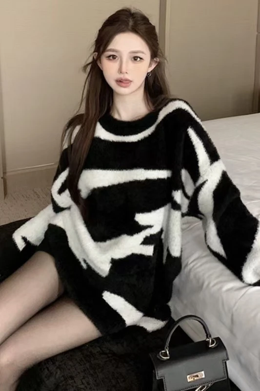 秋冬马海毛毛衣女加厚酷女孩盐系穿搭慵懒风宽松时尚斑马纹针织衫