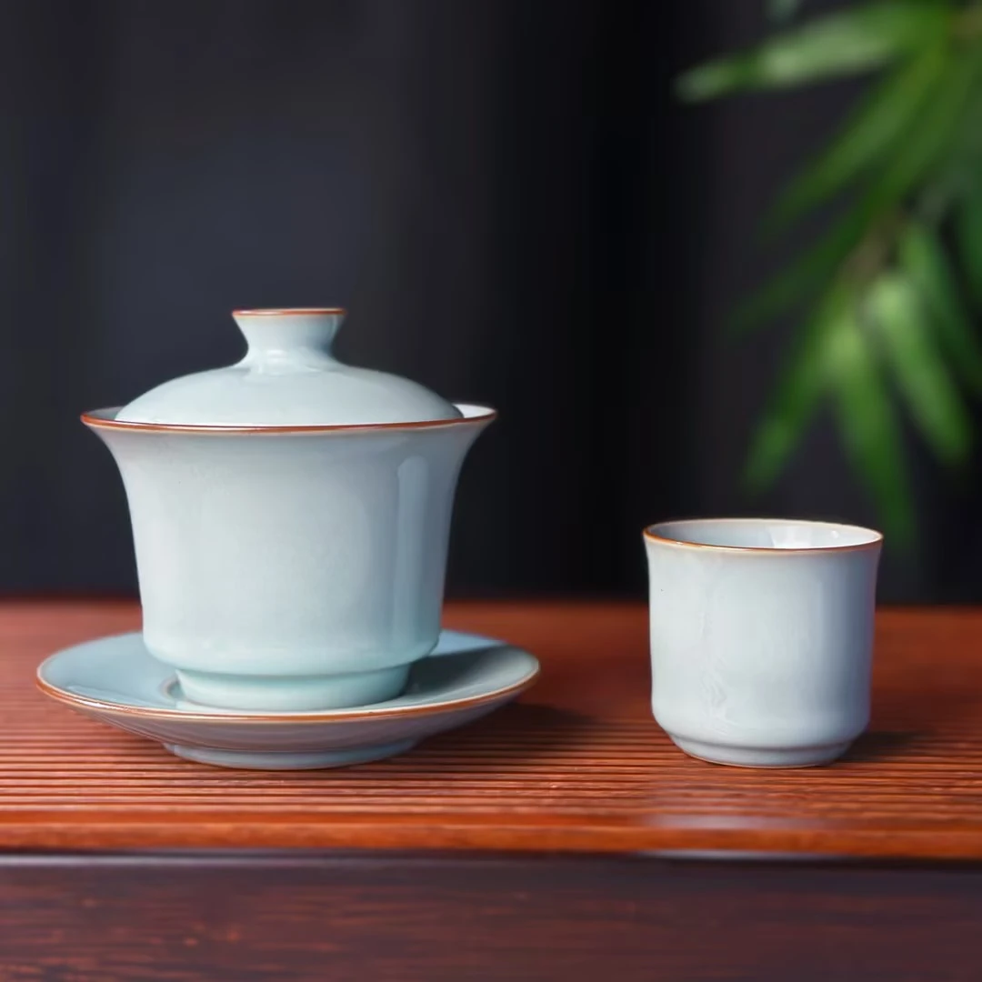 廷怀窑汝瓷天青玉青马蹄盖碗套装中式复古不开片汝窑一盖碗四杯