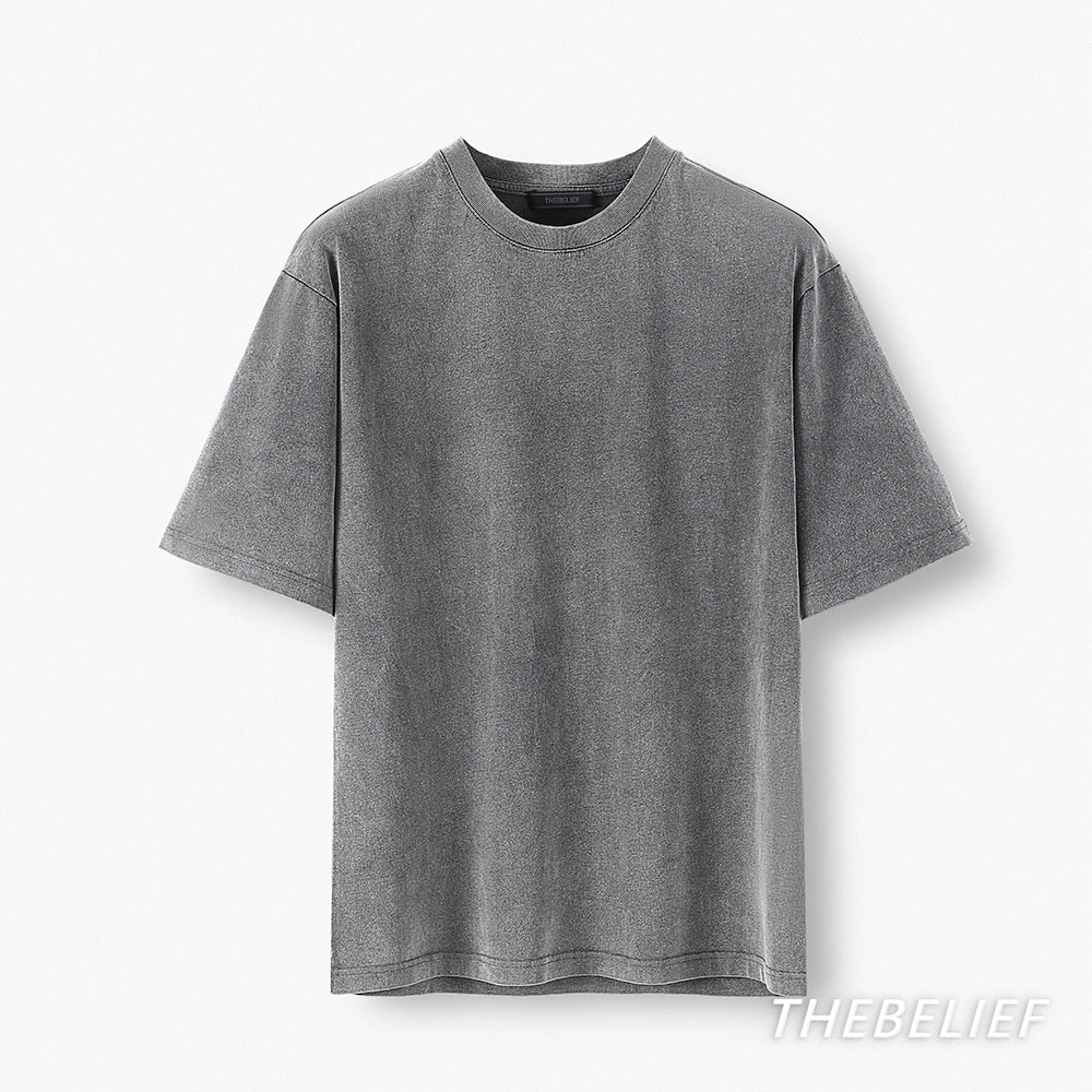 原素/F037复古休闲重磅240克灰色水洗磨毛纯棉宽松圆领短袖T恤