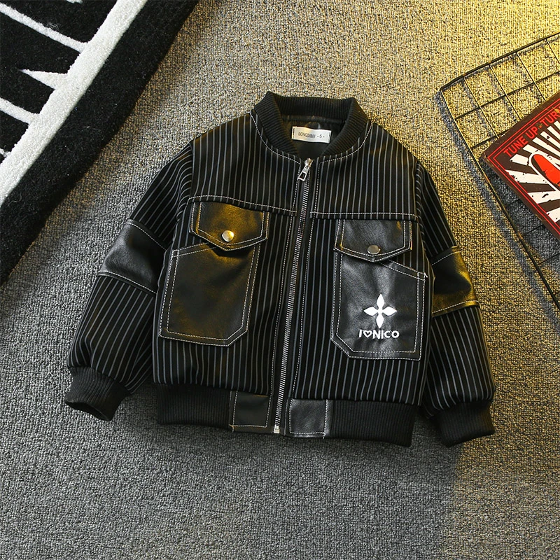 儿童条纹皮衣男童PU皮夹克百搭秋季外套春秋休闲帅气上衣