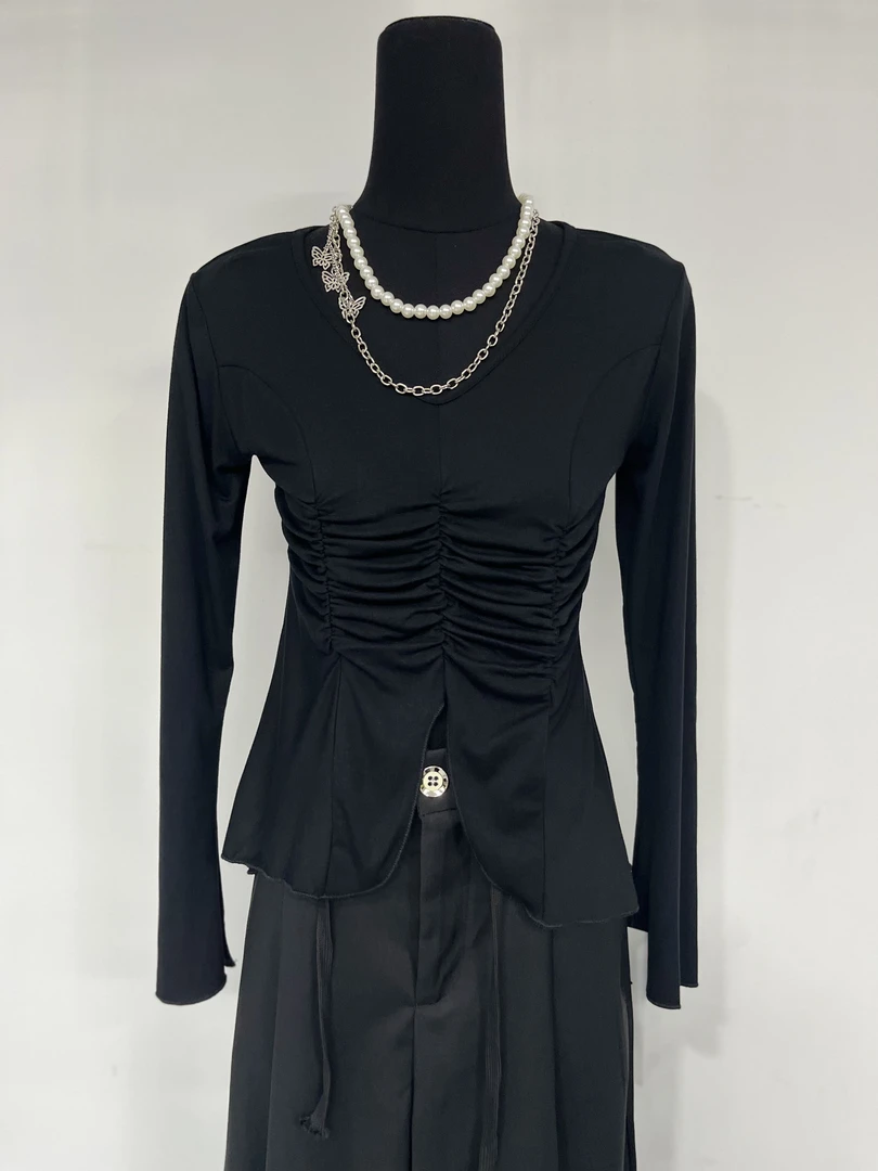 【3件一组】褶皱修身设计感荷叶袖长袖T恤