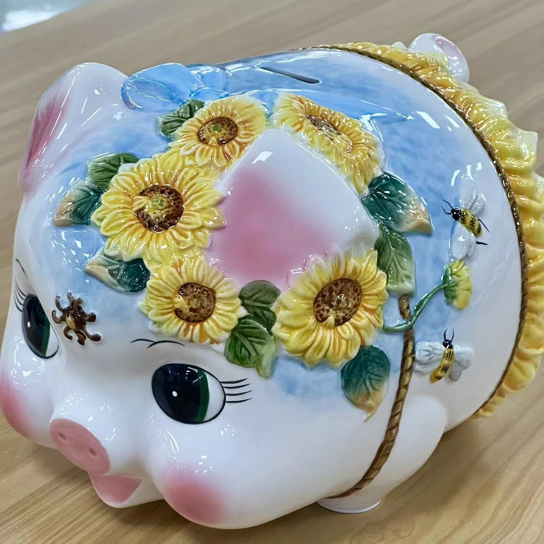 向日葵太阳花陶瓷大款猪储钱罐家居装饰储蓄罐电视柜玄关柜摆件