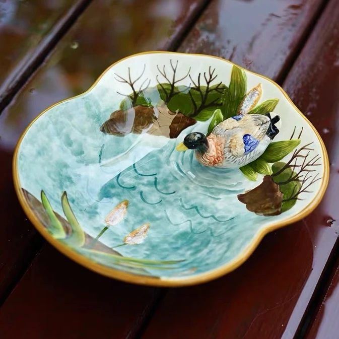 传统釉下彩水鸭糖果干果盘糕点盘中式家居立体收纳盘锦鲤装饰茶盘