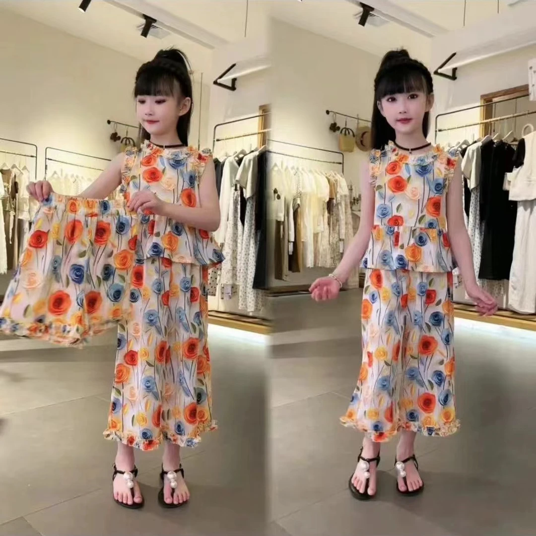 女童夏季套装夏装2024新款碎花洋气宝宝背心无袖儿童花朵三件套