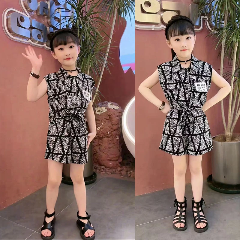 【淘桃】女童儿童套装菱形格碎花女童夏季无袖2024新款清凉套装洋气