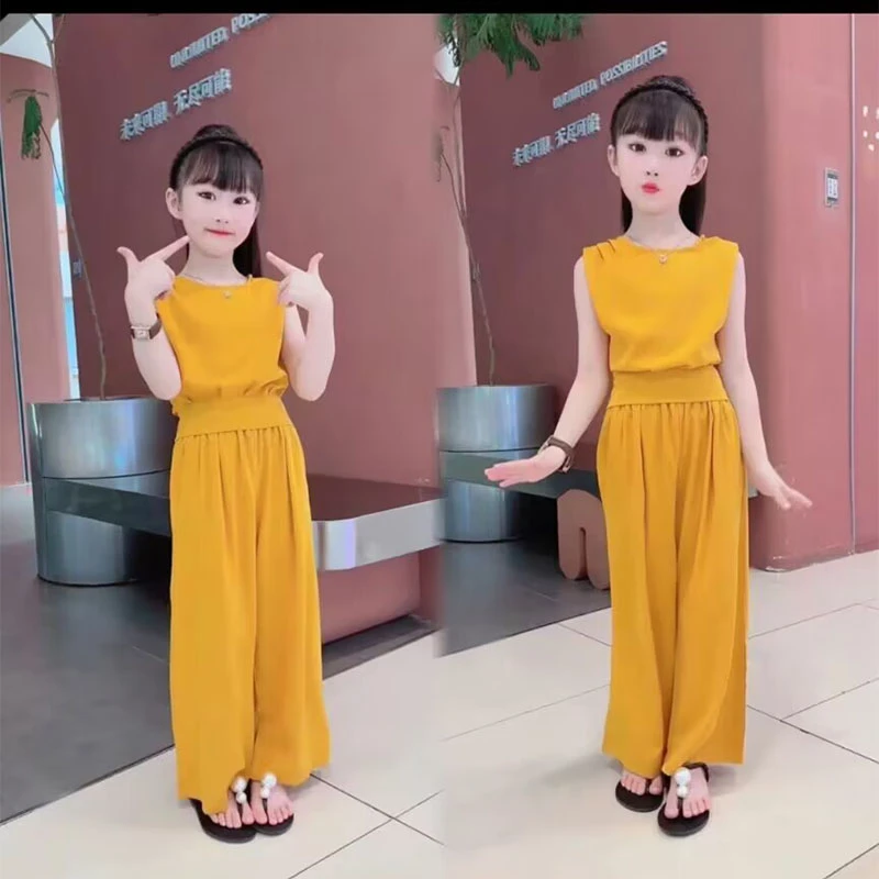女童2024新款夏季无袖薄款套装中大童女孩时髦休闲黄色套装