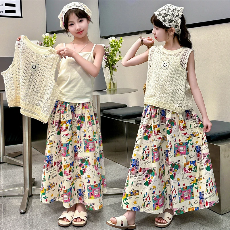 女童夏装连衣裙套装2024新款韩版儿童流苏背心t恤质感碎花半身裙