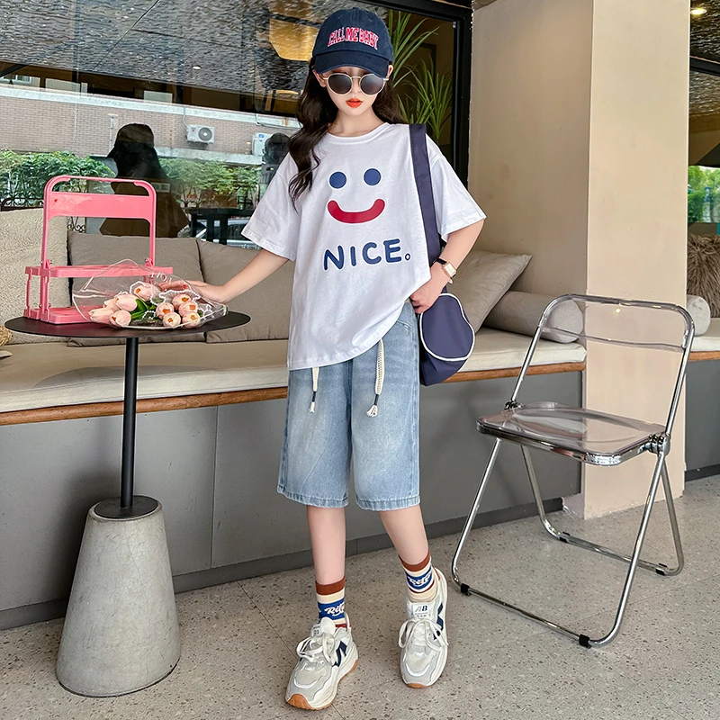 女童套装夏装网红短袖T恤+牛仔短裤上衣儿童中大童夏季薄款两件套