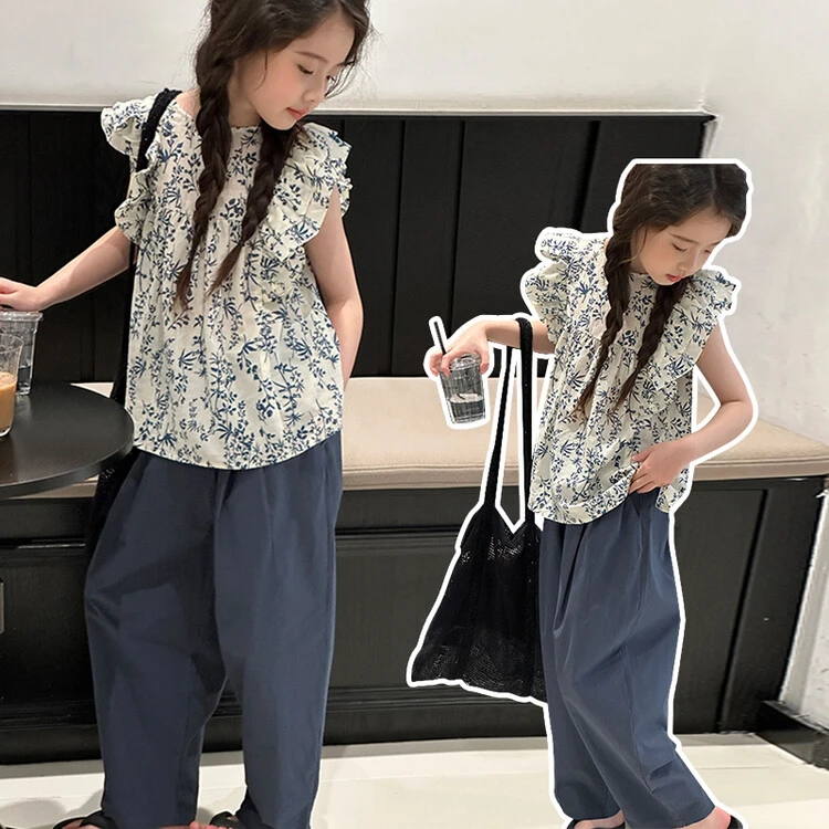 2024女童新款洋气时尚碎花套装韩版夏季碎花女童中大童气网红