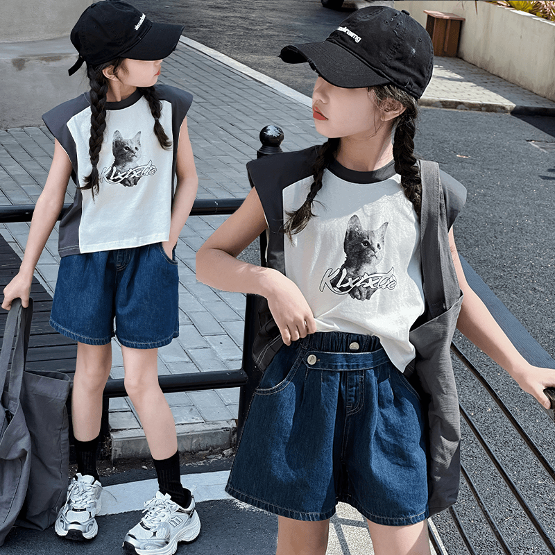 女童夏装套装2024新款童装大童网红时髦儿童短裤洋气炸街短袖t恤