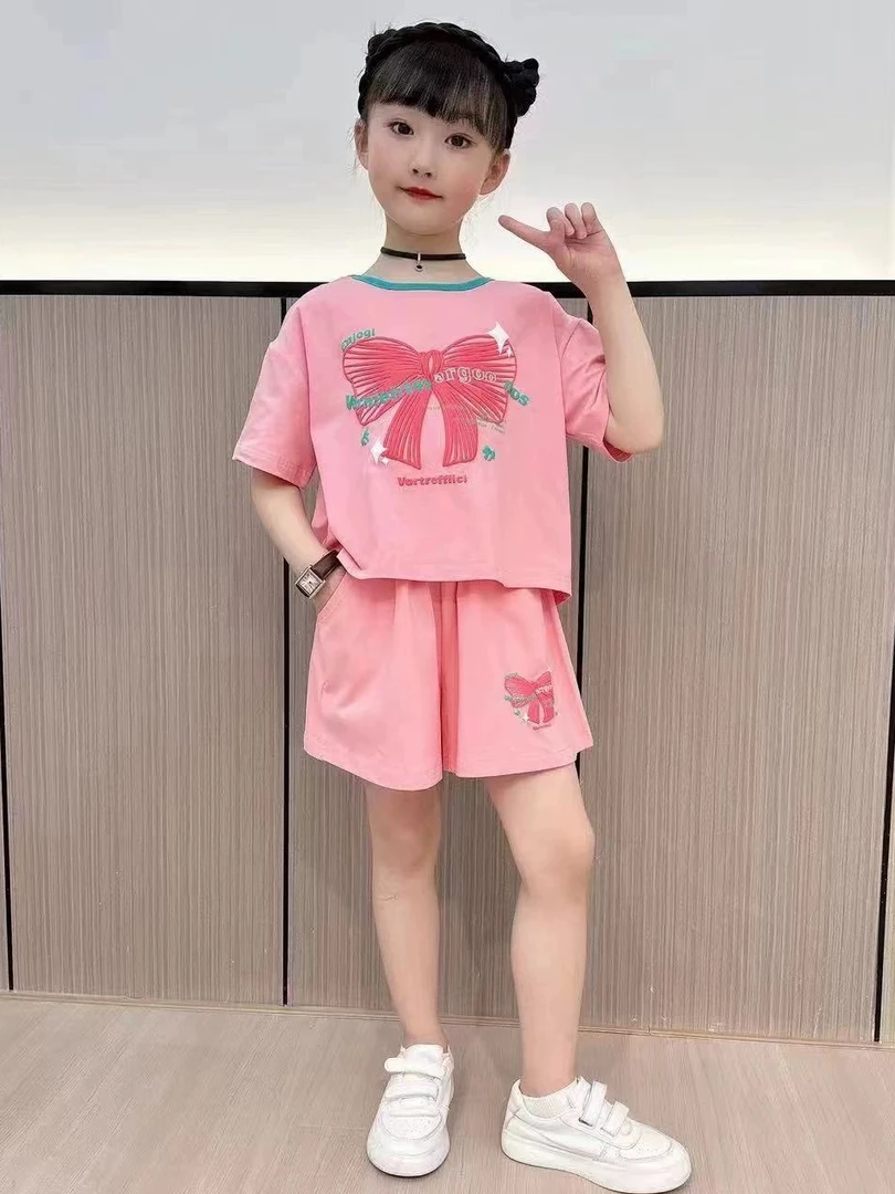 女童夏季洋气套装2024新款蝴蝶结印花短袖休闲宽松短裤两件套潮