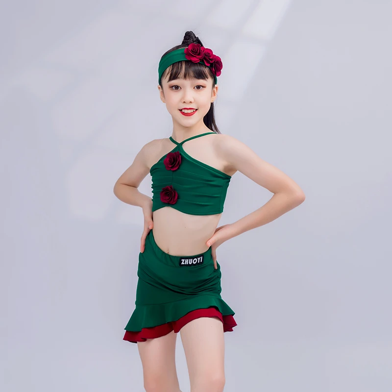 卓艺拉丁舞服夏季绿色吊带包臀套装练习服网红时尚女孩露背韩版
