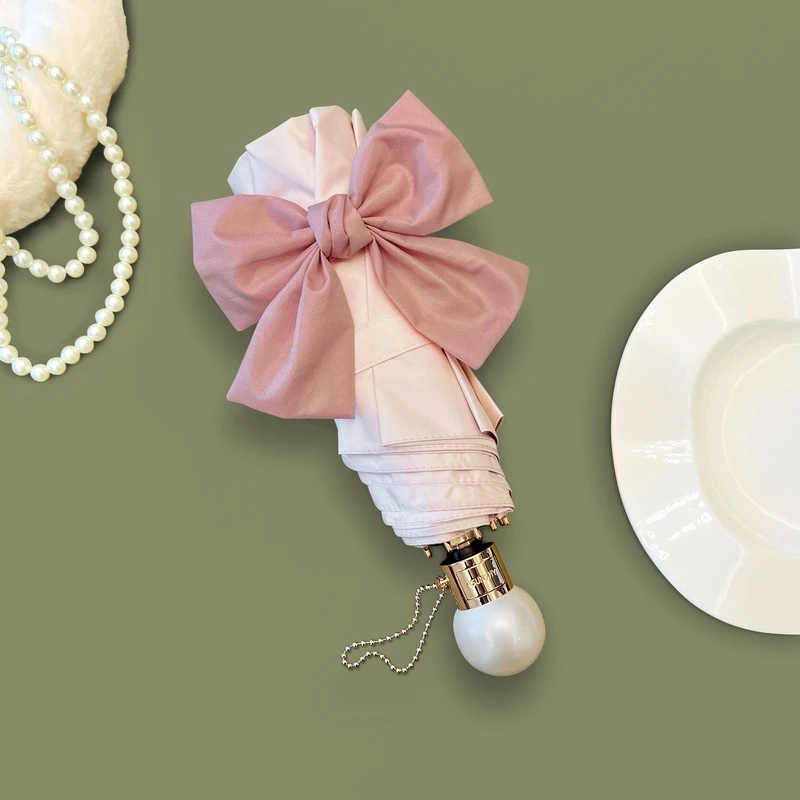 晴雨两用复古法式小香风自动珍珠蝴蝶结气质女神伞折叠防晒遮阳伞