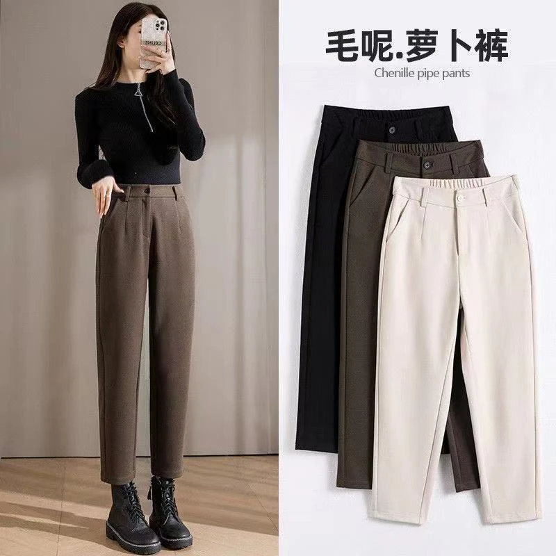 毛呢西装裤女加绒加厚2023秋冬高腰显瘦烟管裤宽松直筒九分哈伦裤