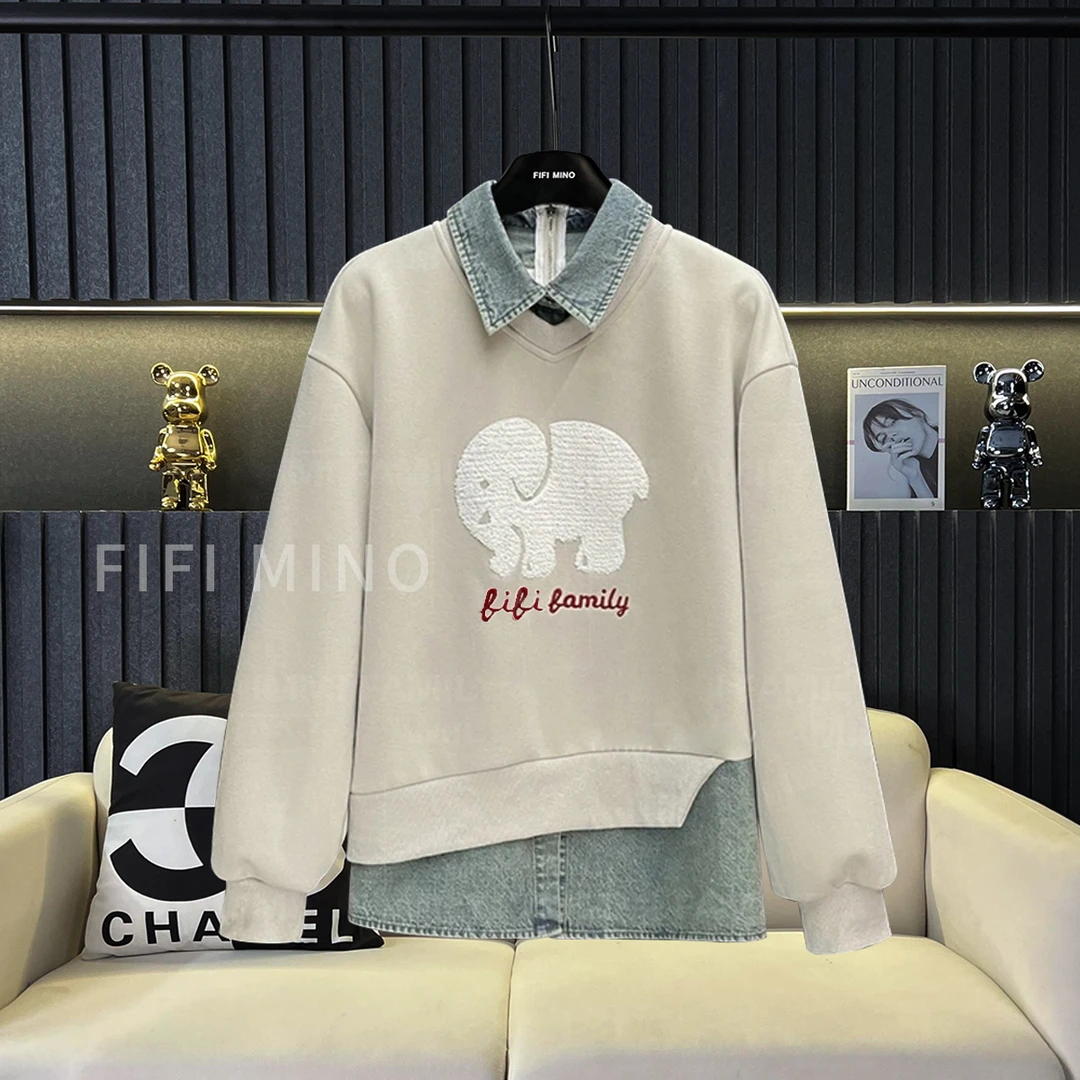 FIFI MINO 【港风】秋冬新款加绒加厚假两件时尚气质高级洋气款卫衣