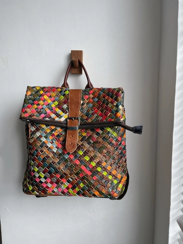 大容量双肩包编织双肩颜色随机高级背包重工手工油蜡牛皮手拎包