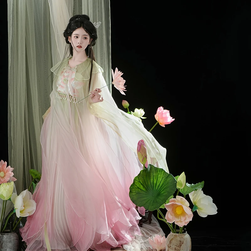 摸鱼儿【风荷】诃子裙花瓣围裳南北朝大袖刺绣印花荷花仙子汉服