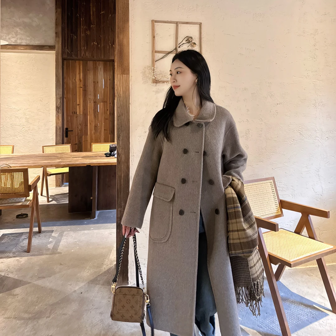 Yacy手工双面大衣宽松韩版气质春秋冬中长款外套女小个子时尚翻领