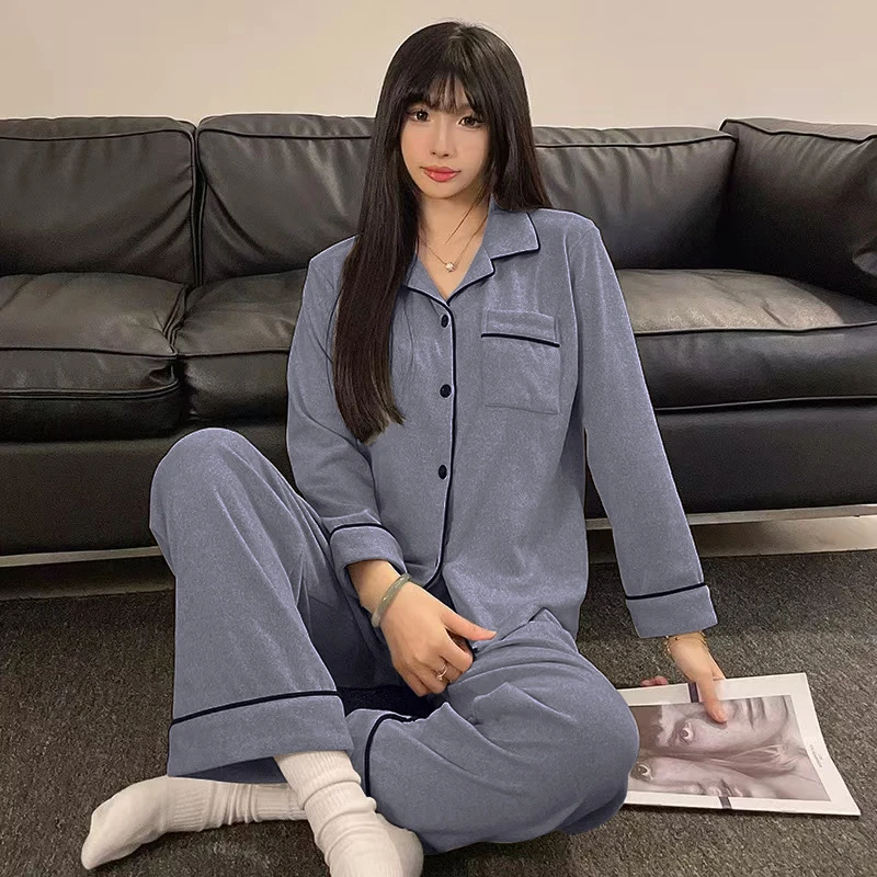 【德绒】锁温蓄热睡衣女秋冬季保暖加厚长袖套装简约休闲纯色家居服