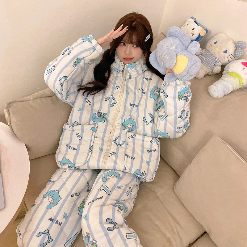 珊瑚绒三层加厚夹棉睡衣女秋冬款2024新款冬季加绒法兰绒拉链套装