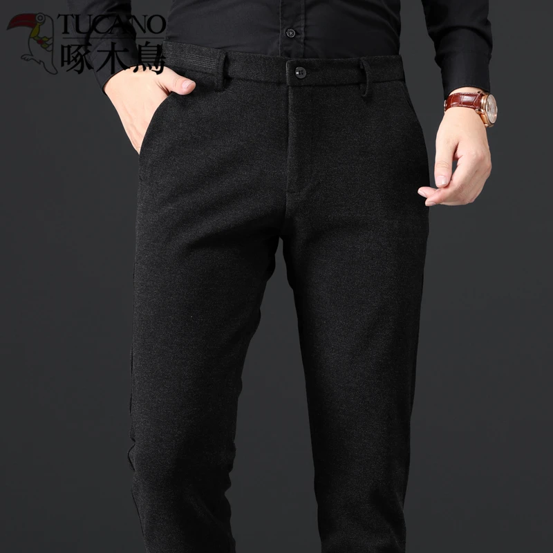 啄木鸟加厚四面弹磨毛裤子男冬季加绒保暖商务休闲裤直筒运动长裤