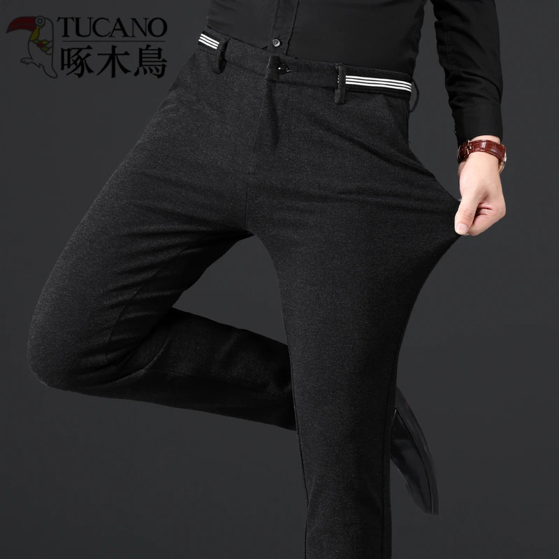 啄木鸟磨毛休闲裤男士商务直筒高弹力运动加绒加厚保暖长裤爸爸裤