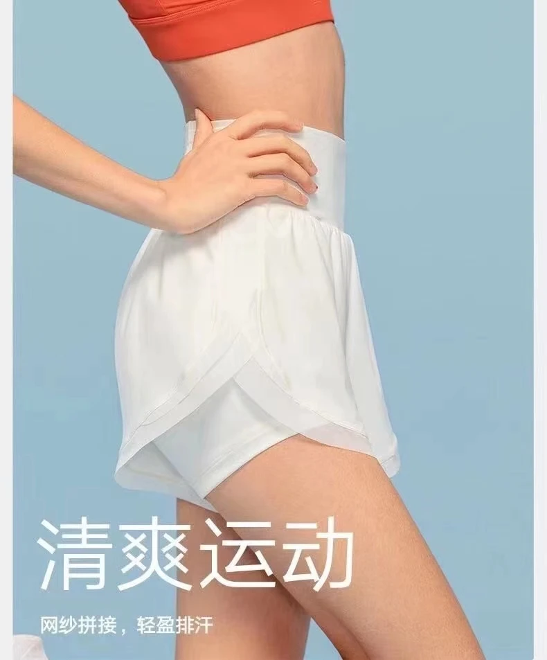 假两件薄款夏季排汗训练宽松速干运动网纱轻盈拼接双层瑜伽短裤