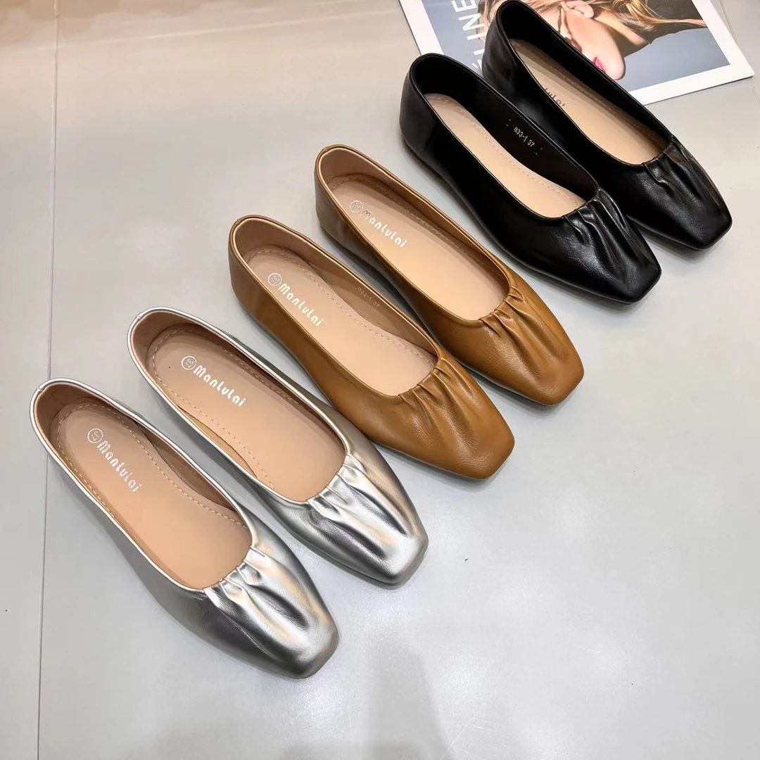 新款平底软底筒约百搭褶皱小单鞋