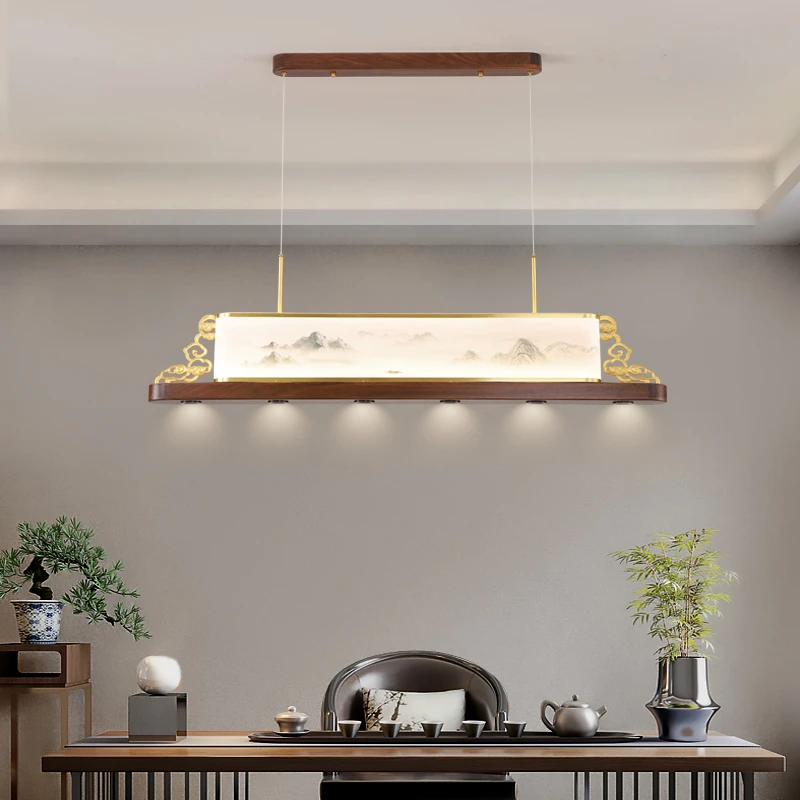 全铜新中式吊灯中国风餐厅饭厅长方形实木创意禅意书房茶室吧台灯