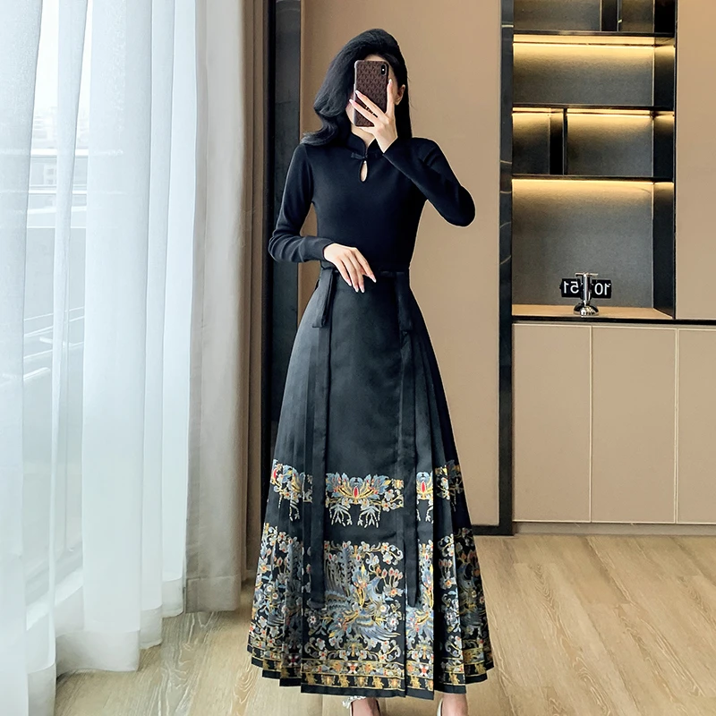 实拍 马面裙女汉服套装2024秋冬新款明制原创高端黑色国风