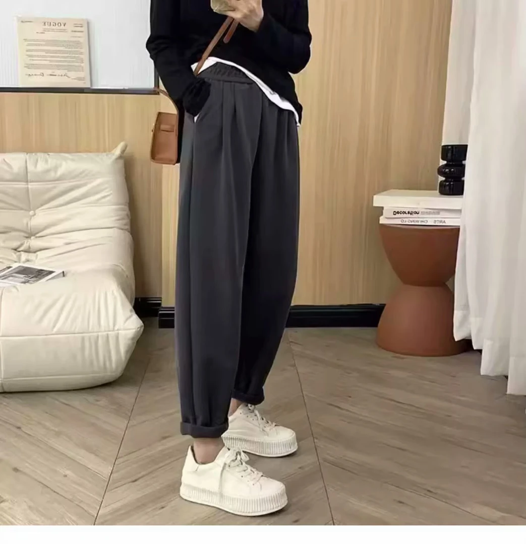 大码女春季新款大码韩版糯米哈伦裤宽松显瘦褶皱休闲裤女