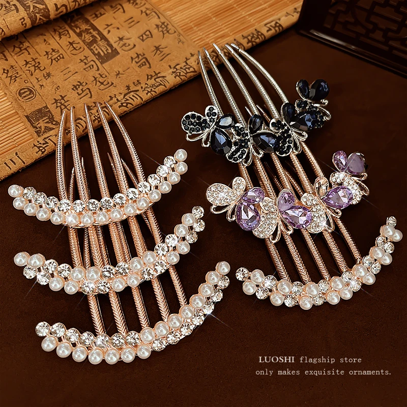 珍珠中式发梳插梳发簪女2024新款高端后脑勺盘发神器碎发梳头饰