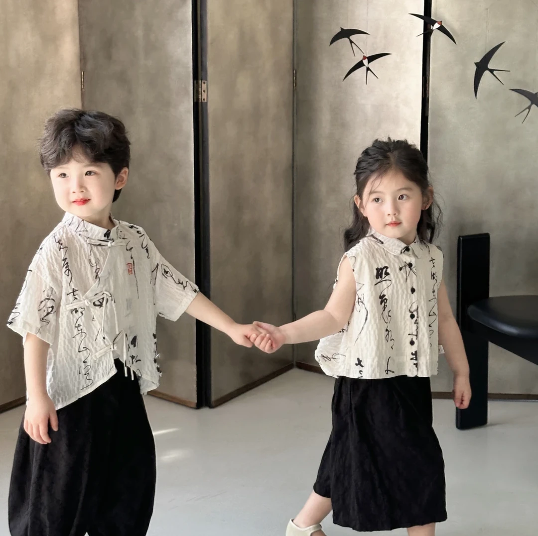 男女童国风套装2025新款儿童衬衫夏季中式短袖汉服衬衣短裤套装