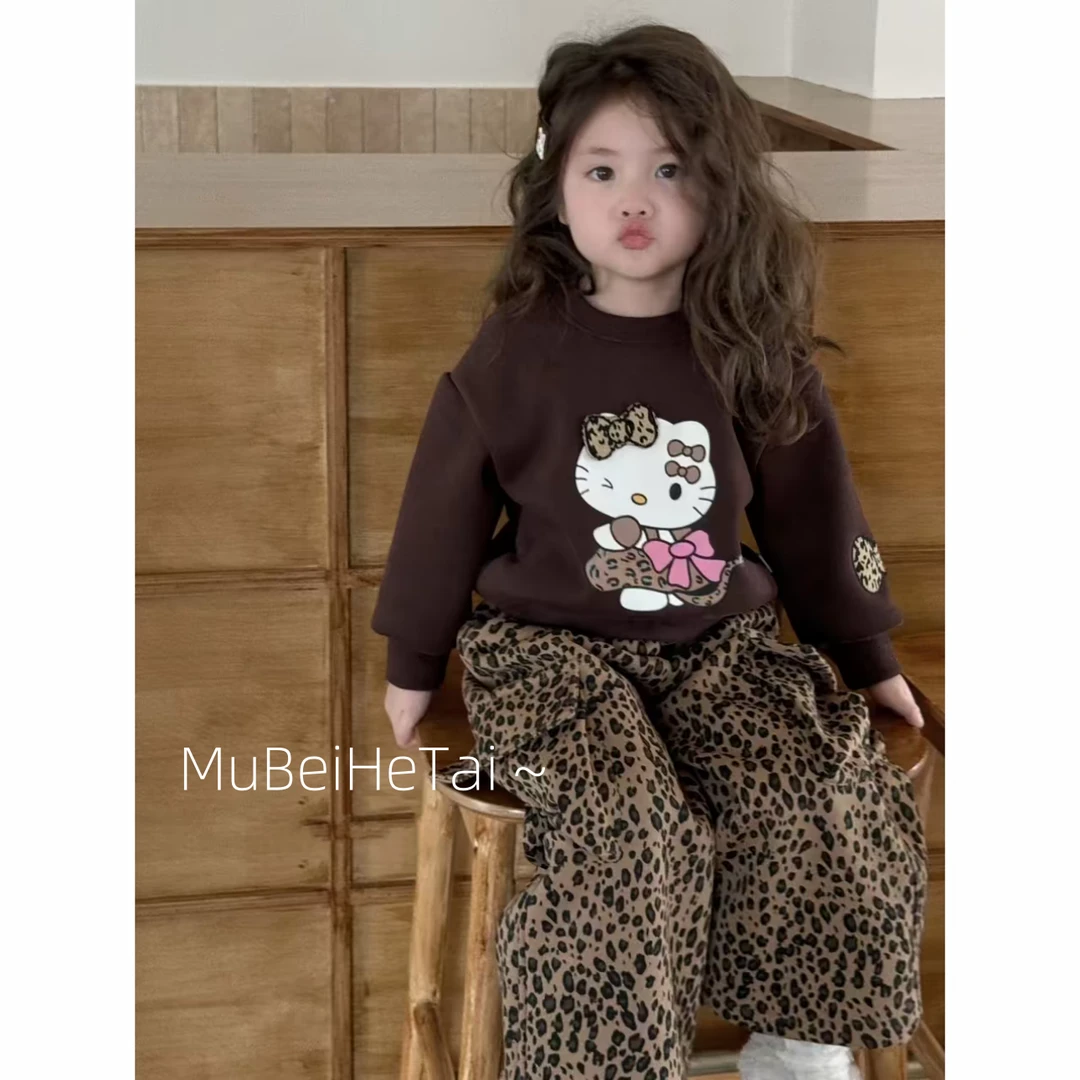 韩国童装女童套装2024秋装新款儿童可爱kt猫印花长袖卫衣豹纹裤子