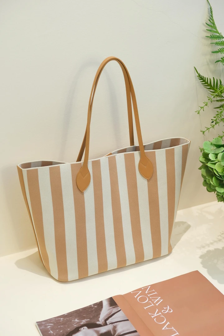 新款夏季【托特包】24飞织手提单肩条纹大容量包韩版时尚棕白色大号