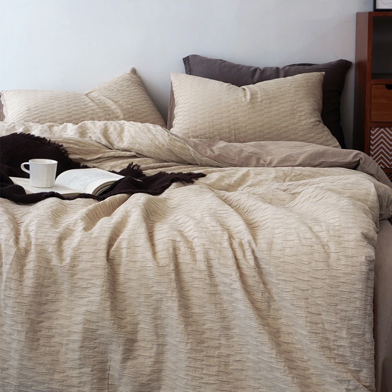【全棉泡泡纱】简约色织立体提花四件套水洗纯棉被套罩床单床上用品