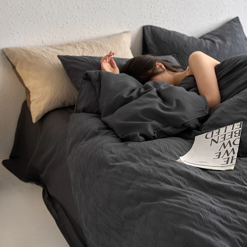 纯色侘寂风全棉四件套简约纯棉双层纱提花被套床单床上用品高级感