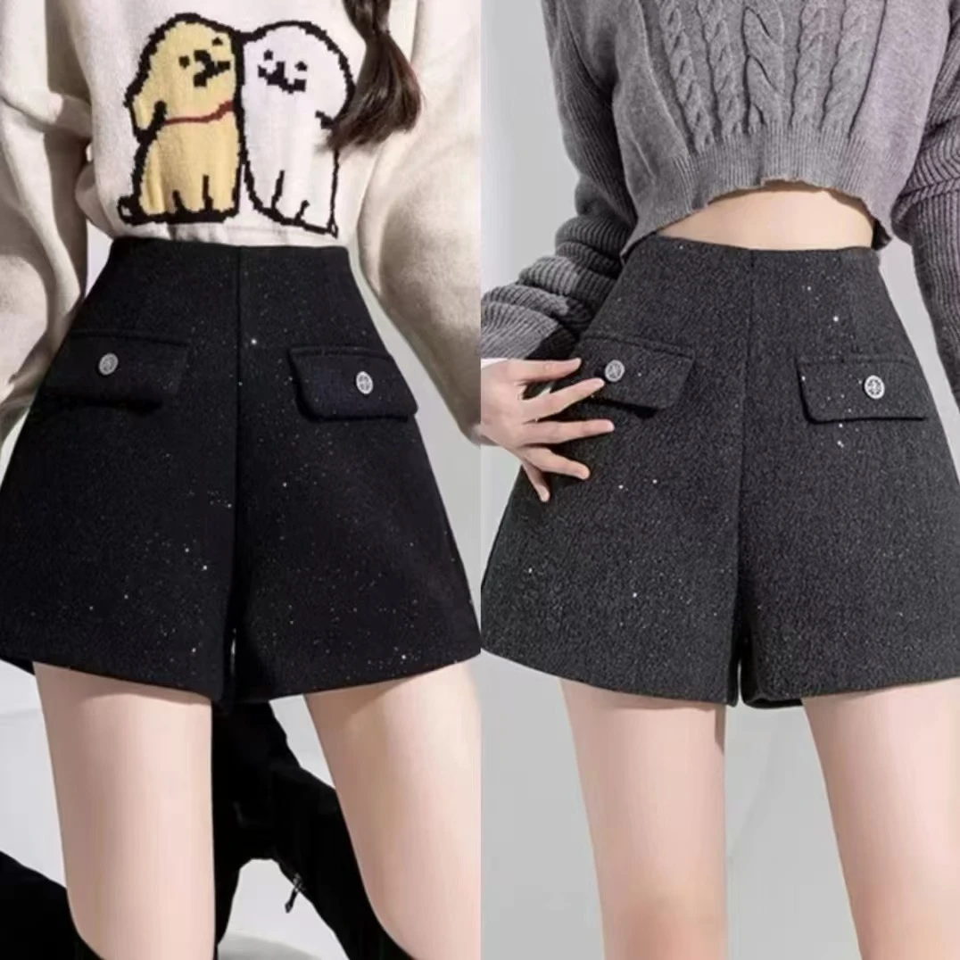 【晓琳】6802冬季新款时尚百搭高腰纯色小香风A字阔腿短裤