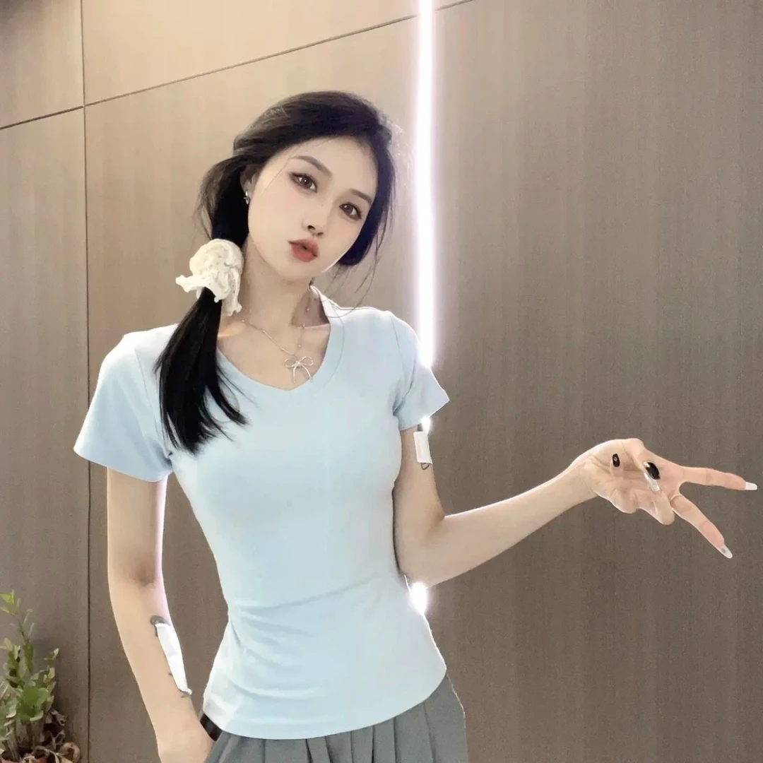 2025新款气质V领修身短袖T恤女装夏季上新打底衫白色纯色显瘦上衣