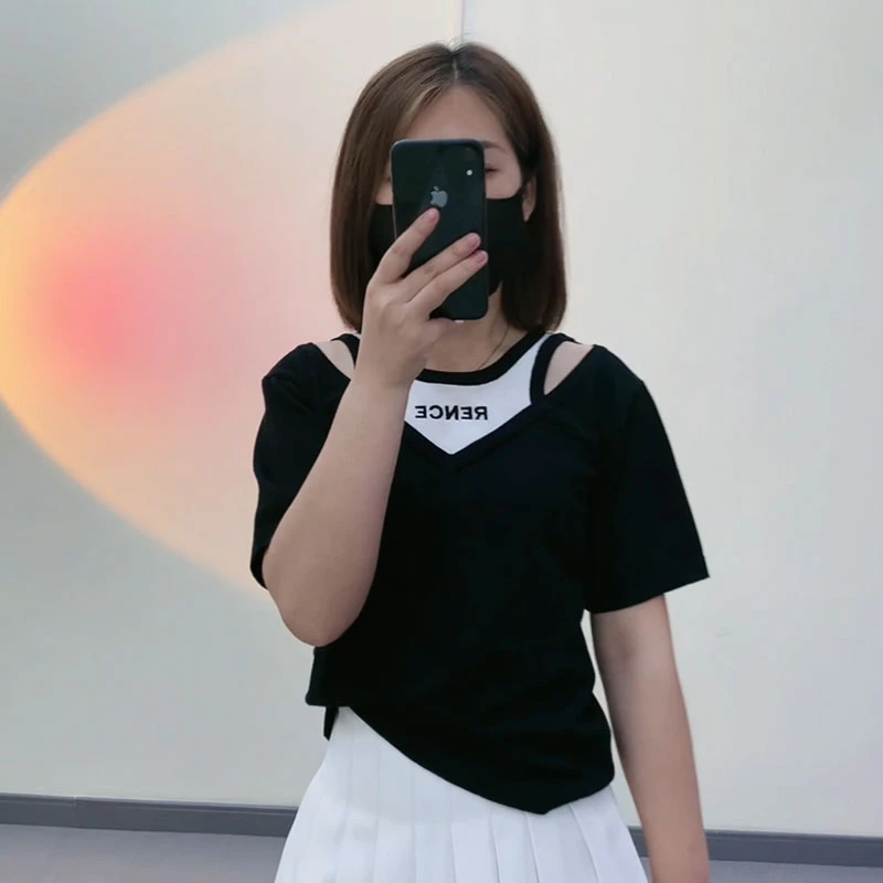 微胖定制黑色假两件短袖T恤女宽松显瘦洋气百搭冰丝针织上衣薄款
