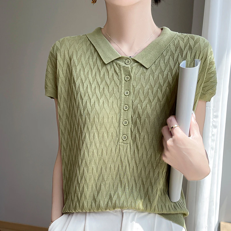 果绿色薄款POLO领女士针织短袖T恤夏上衣百搭打底体恤宽松小衫女