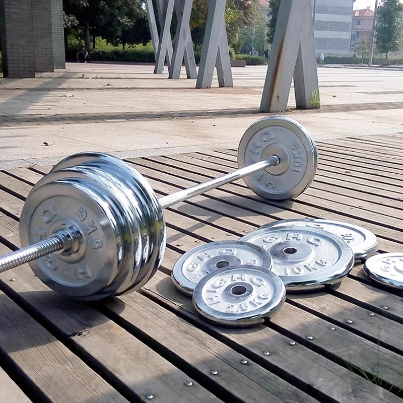 实心铁电镀杠铃套装举重男士健身耐用可拆装哑铃片包邮大重量深蹲