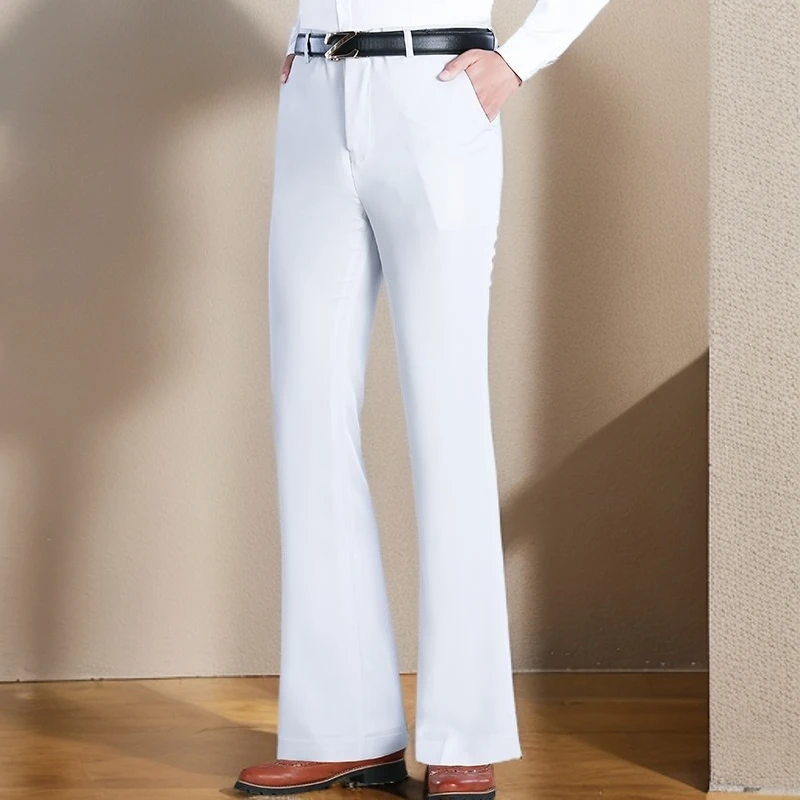 夏季薄款白色喇叭裤男时尚青年坠感阔脚西裤英伦休闲弹力冰丝男裤