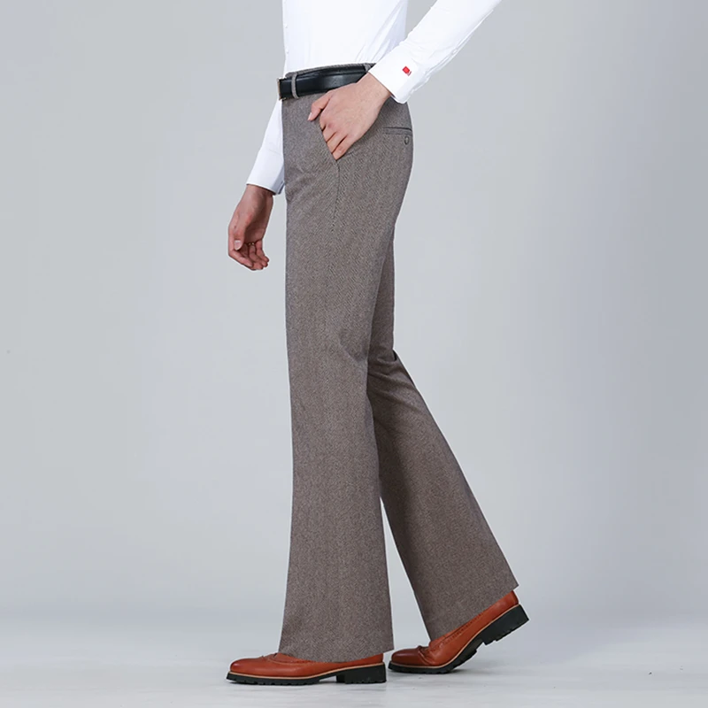 冬季加厚人字纹喇叭裤男青年修身加绒保暖阔脚西裤弹力休闲大脚裤