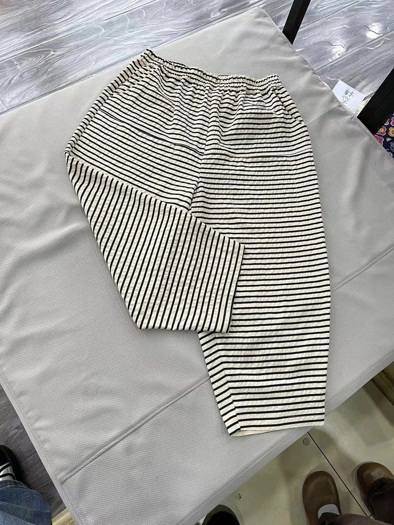 新款夏季米黑条纹裤