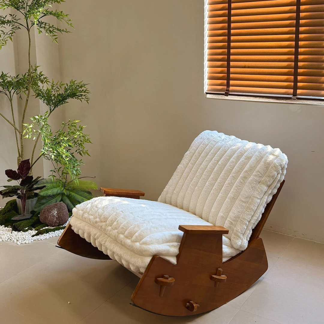 半岛摇椅 全榫卯工艺 仿兔绒懒人休闲中古风客厅摇椅沙发